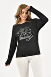 Modkofoni Bisiklet Yaka Nakış Baskılı Örme Siyah Kadın Bluz