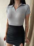 Kadın Polo Yaka Kısa Kollu Kaşkorse Crop Bluz 