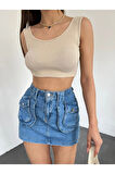 Kadın Kalın Askılı U Yaka Kaşkorse Crop Top