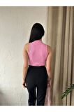 Kadın Dik Yaka Kaşkorse Örme Fitilli Halter Crop Bluz 