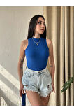 Kadın Dik Yaka Kaşkorse Örme Fitilli Halter Crop Bluz 