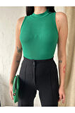 Kadın Dik Yaka Kaşkorse Örme Fitilli Halter Crop Bluz 