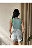 Kadın Halter Yaka Çizgili Kolsuz Kaşkorse Örme Fitilli Crop Bluz 