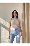 Kadın Bisiklet Yaka Kısa Kollu Kaşkorse Crop Bluz 