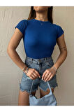 Kadın Bisiklet Yaka Kısa Kollu Kaşkorse Crop Bluz 