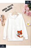 Kız/Erkek Çocuk Beyaz Kapüşonlu ''YANDAN AYICIK'' Baskılı Sweatshirt