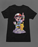 Bumeta Pokemon Pikachu ve Ash Ketchum Chibi Çizgi Film Dizi Unisex Tişört T-Shirt