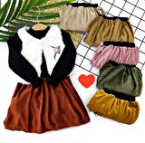 Lenaca 2-3-4-5 Yaş Kadife Etekli Tüylü Yelek Uzun Kollu Siyah Sweat 3lü Kız Bebek Takımı