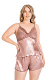 Büyük Beden Vizon Saten Babydoll Şort Takımı