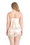 Büyük Beden Fildişi Saten Babydoll Şort Takımı