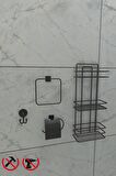 Yapışkanlı Siyah 3 Katlı Banyo Rafı TŞ03, Jasmin Kapaklı Kağıtlık, Halka Havluluk, Lotus Lüx Bornoz Askılık