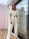 Kruvaze Yaka Beli Kuşaklı Kadın Keten Tulum