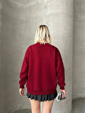 0 Yaka Garnili Nakışlı Kadın Oversize Sweatshirt