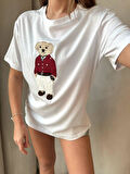 0 Yaka Ayıcık Nakışlı Kadın Oversize T-Shirt