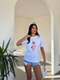 0 Yaka Ayıcık Nakışlı Kadın Oversize T-Shirt