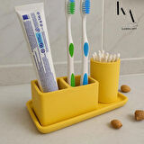 3 Parça Beton Banyo Seti – Diş Fırçalık, Kulak Çubuğu Kutusu ve 15x10 cm Tepsi | Minimalist Tasarım