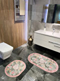 2 li Çiçek Desenli 60x100 - 60x50 Botanic Lateks Taban Banyo Paspas