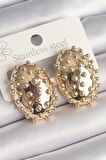 Pirinç Gold Renk İşleme Detaylı Oval Bombe Plaka Model Kadın Küpe - TJ-BKP10235