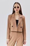 Kadın Crop Astarlı Dokuma Blazer Ceket