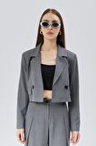 Kadın Crop Astarlı Dokuma Blazer Ceket