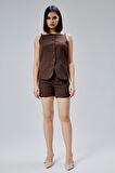 Kahverengi Regular Cepli Dokuma Şort