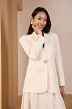 Ekru Salaş Kesim Düğme Detaylı Dokuma Blazer Ceket
