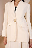 Ekru Salaş Kesim Düğme Detaylı Dokuma Blazer Ceket