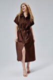 Kahverengi Boydan Düğmeli Gömlek Yaka Poplin Elbise