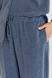 Kadın İndigo Bol Paça Dokuma Pantolon