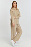 Kadın Bej Bol Paça Dokuma Pantolon