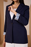 Lacivert Kruvaze Yaka Kolu Katlama Detaylı Regular Vatkalı Blazer Ceket