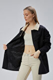 Siyah Oversize Casual Midi Trençkot