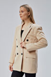 Bej Oversize Kruvaze Yaka Astarlı Blazer Ceket
