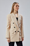 Bej Oversize Kruvaze Yaka Astarlı Blazer Ceket