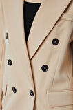 Bej Oversize Kruvaze Yaka Astarlı Blazer Ceket