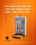 4'ü 1 Arada USB Hızlı Şarj ve Veri Kablosu – 65W Güç, Çoklu Bağlantı, 1.2m