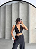 Siyah Keten Kumaş Kadın Crop Pantolon Takım
