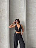 Siyah Keten Kumaş Kadın Crop Pantolon Takım