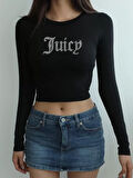 Kadın Trend Juicy Kristal Taş Baskılı Bisiklet Yaka Uzun Kollu Fitilli Crop Top Bluz