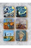 Van Gogh Temalı Ahşap Bardak Altlığı Ahşap Baskılı Altlık 6'lı Set (9 X9CM)