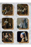 Johannes Vermeer Sanatı Temalı Ahşap Bardak Altlığı Ahşap Baskılı Altlık 6'lı Set (9 X9CM)