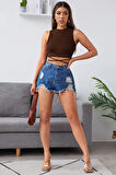 Kadın Kahverengi Çapraz Bağlamalı Crop Top Büstiyer