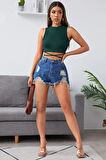 Kadın Yeşil Çapraz Bağlamalı Crop Top Büstiyer