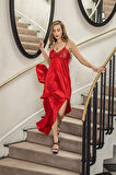Dantelli Uzun Yırbrfaçlı Saten Gecelik Elbise String Takım Kırmızı (brf31512)