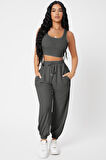 Kadın Antrasit Gri Kaşkorse Cepli Jogger Eşofman Altı Ve Crop Top Bluz