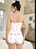 Kadın Beyaz Gül Ve Vişne Desenli Şortlu Gecelik Takım 5113
