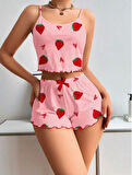 Pamuklu Pembe Üstüne Çilek Desen Fitilli Askılı Şortlu Pijama Takımı