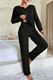 Kadın Siyah Uzun Kollu Fiyonklu Yuvarlak Yaka Mevsimlik Pijama Takımı