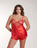 Kırmızı Dantel Detaylı İnce Askılı Saten Şortlu Takım