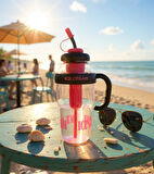 1300 ml Kulplu Suluk Matara Detox ve Soğuk İçecek Şişesi Pipetli Suluk Taşınabilir BPA içermez Pembe